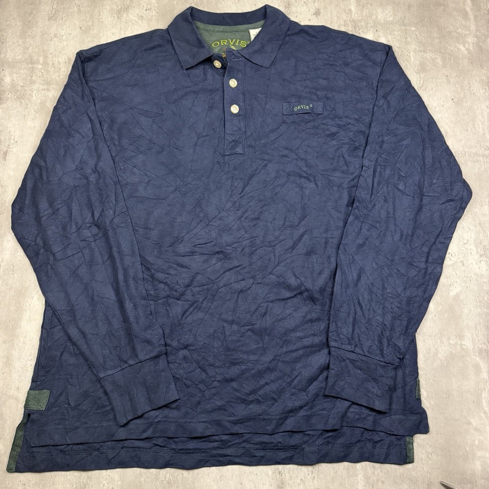 Orvis Polo Shirt Men's Large Blue Rugby Long Sleeve Solid Cotton Casual